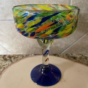 Mexico Mouth Blown Confetti Cobalt Blue Stem Base Margarita Glass Thick Heavy